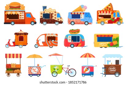 Street food vehicles, truck, vans, pushcart and counters with tent set of vector illustrations. Fast food cars with snack, hot meal. Burgers, coffee and ice cream carts for festivals and street