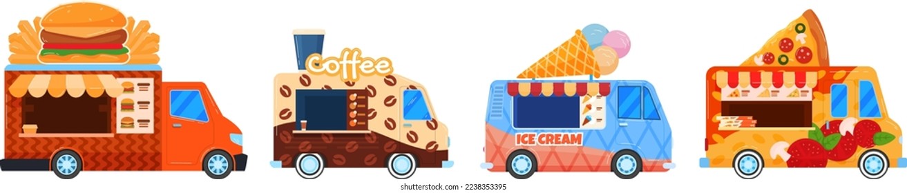 Street food vehicles, truck, vans, pushcart and counters with tent set of vector illustrations. Fast food cars with snack, hot meal.