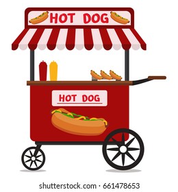 Street food vending cart with hot dogs vector illustration. Urban kiosk for sale hotdogs kiosk eat lunch service store dinner shop. Hot dog cart fast food snack mustard street market.