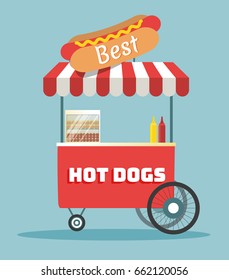 Street food vending cart with hot dogs vector illustration. Urban kiosk for take-out food. Cartoon flat style