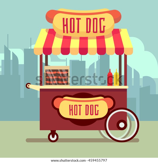 Street food vending cart with hot dogs\
vector illustration. Urban kiosk for sale\
hotdogs