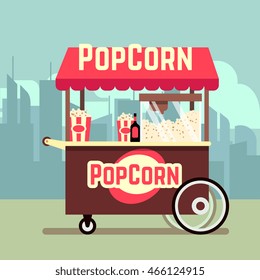 Street food vending cart with popcorn machine vector illustration