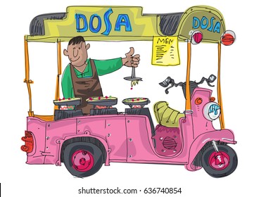 A Street Food Vendor Offers Traditional Dish Dosa. Cartoon