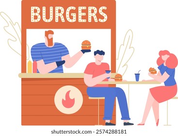 Street food vendor serving fresh burgers while a man and woman savor their meals at an outdoor burger stall, enjoying the vibrant fast food atmosphere and delicious flavors