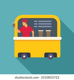 Street food vendor standing behind his yellow mobile food stand serving a coffee