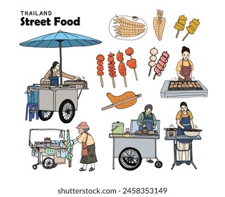 Street Food Verkäufer, Street Food in Thailand, gegrilltes Hühnchen , gegrilltes Schweinefleisch , gegrillte Frikadellen und Würstchen, Tintenfisch, handgezeichnete Stil Vektorillustration