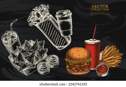 Street food vintage illustrations collection. Hand drawn logo designs with sauces, nachos, soda, burger, shawarma, french fries, paper cup.