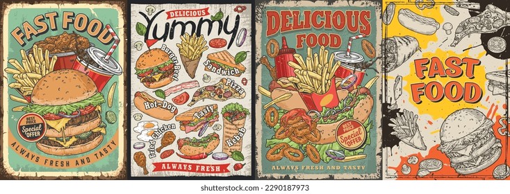 Street food vintage posters colorful with burgers and fried potatoes and inscription delicious yummy for quick lunch vector illustration