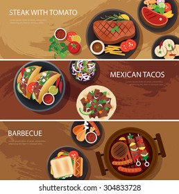 Street Food Web Banner, Steak , Mexican Tacos, Barbecue