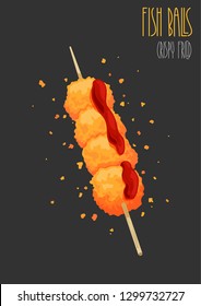 Street foods on stick, fishballs, meatballs. Vector illustration