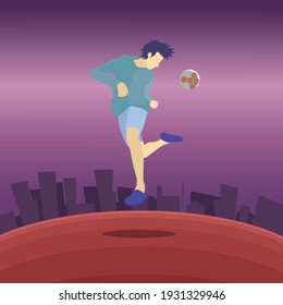 Street Football. boys juggling the ball with purple city background