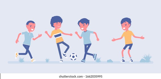 Street football young players. Amateur junior sport team playing soccer outdoors on a green grass yard, summer fun, hoody and entertainment, weekend activity. Vector flat style cartoon illustration