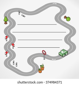 Street frame with miniature car driving around, middle left blank with lines for your text (isometric view)