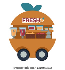 Street fresh juice cart with squeezer and fruits baskets isolated van vector orange drink containers and tap organic citrus beverages on wheels transport food truck summer refreshment harvest selling.