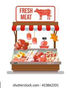 Street fresh meat store. Vector flat cartoon illustration