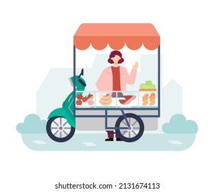 Street Fruit Seller With Motorcycle, Asian Fruit Vendor With Motorbike, Fruit Cart