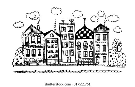 Street of funny lovely cottages with gardens and clouds graphic ink doodle vector illustration