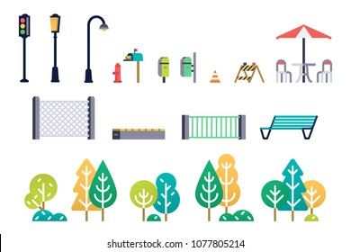 Street Furniture And Trees Set. Vector Illustration.