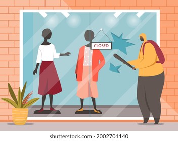 Street Gangsters And Vandalism Concept. A Teenager Breaks The Glass Of A Shop Window. Damage To Property And Violation Of Public Order. Commission Of A Crime. Cartoon Modern Flat Vector Illustration