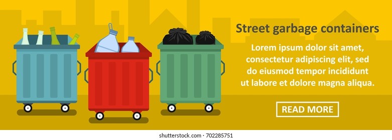 Street garbage containers banner horizontal concept. Flat illustration of street garbage containers banner horizontal vector concept for web