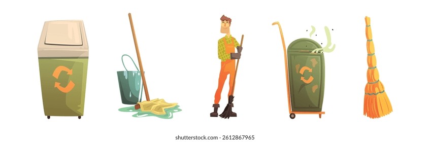 Street Garbage Gather and Collect Object Vector Set