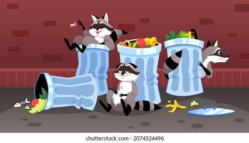 Street Garbage. Raccoons Eat Food Waste. Wild Animal Characters In Urban Dump. Trash Cans In Alley. Rubbish Bins At Sidewalk And Homeless Pets. Eating Leftovers. Vector City Fauna Concept