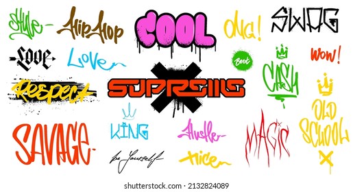 Street Graffiti inscriptions, tags and lettering elements with grunge fonts effect. Teenage graffiti design - Savage, swag, respect, wow, cool, omg, king, nice, hip hop, magic. Lettering graphic set