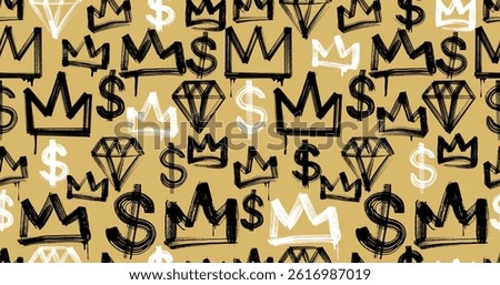 Street graffiti seamless pattern. Grunge black crown, dollar and diamond signs are painted with a dry brush isolated on gold background. Grunge texture. Vector flat graphic hand drawn illustration.