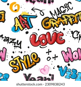 Street graffiti seamless pattern. Vector set of urban typography art graffiti lettering, spray effect, signs, tags, grunge font. Paint art with drips, splashes and blobs for print, web, textile