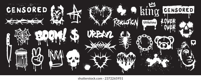 Street graffiti spray icon set, vector tattoo hip-hop fashion print, urban typography freehand kit. Splatter grunge effect sticker, gothic heart artwork silhouette, scorpion lettering. Street graffiti