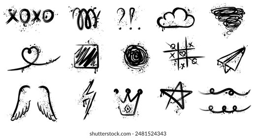 Conjunto de Elementos de Graffiti, Spray Negro, Textura Grunge, Colección Sucia Doodle, Dibujo a Mano, Ilustración vectorial