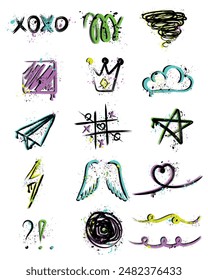 Street Graffiti Spray Paint Elements, Graffiti Elements Set, Colorful Spray, Urban Style, Black Spots, Grunge Texture, Dirty Doodle Collection, Hand Drawing, Vector Illustration