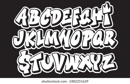 Street graffiti style alphabet, hand drawn. youthful urban atmosphere. vector graffiti alphabet on black background