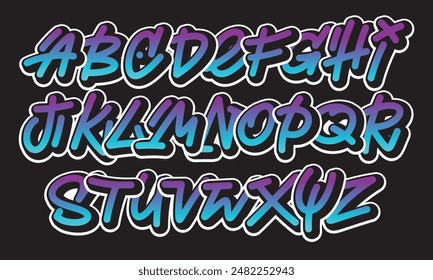 Street graffiti style alphabet, hand drawn. youthful urban atmosphere. spirited expressive headline.vector color graffiti alphabet on black background