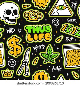 Street graffiti style fashion seamless pattern. Vector hand drawn doodle cartoon line illustration. Street graffiti style,weed,marijuana,knife,drugs,skull seamless pattern