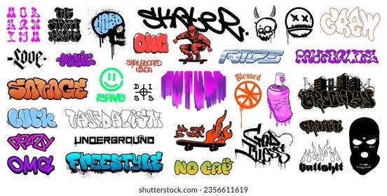 Street graffiti and urban wall, hip hop culture in street art - graffiti, tags, gang symbols, gothic lettering, street art with spray effect, spatter and dripping paint. Hip hop vector for streetwear