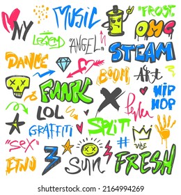 Street graffiti. Urban walls spray graphics, funny scratched elements and letters. Scribble and doodle phrases, ink prints and marker tags neoteric vector kit