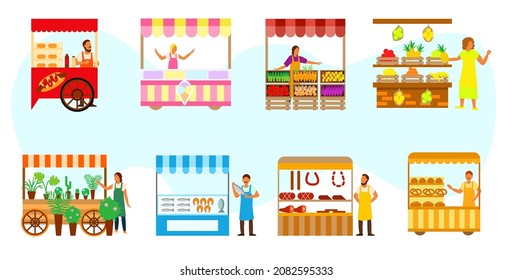 Street grocery store. A trader of vegetables, hot dogs, meat, flowers, fruits, bread and fish. Icons of street grocery stores. Illustration flat style isolated on white background