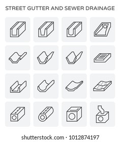 Street gutter and sewer drainage vector icon. Include grate cover, precast concrete of pipe, trench, ditch, channel, manhole for install to access cleaning, drain water from road city, irrigation.

