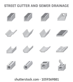 Street gutter and sewer drainage vector icon. Include grate cover, precast concrete of pipe, trench, ditch, channel, manhole for install to access cleaning, drain water from road city, irrigation.