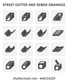 Street gutter and sewer drainage vector icon. Include grate cover, precast concrete of pipe, trench, ditch, channel, manhole for install to access cleaning, drain water from road city, irrigation.
