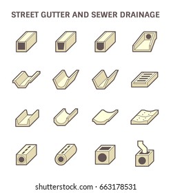 Street gutter and sewer drainage vector icon. Include grate cover, precast concrete of pipe, trench, ditch, channel, manhole for install to access cleaning, drain water from road city, irrigation.