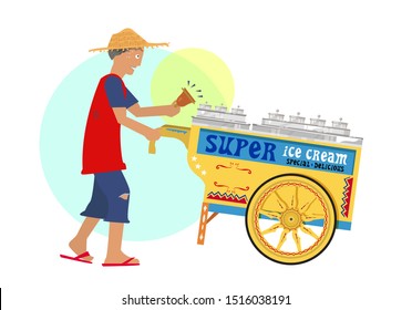 Street hawker sells  traditional Filipino style ice cream on wheels called Sorbetes