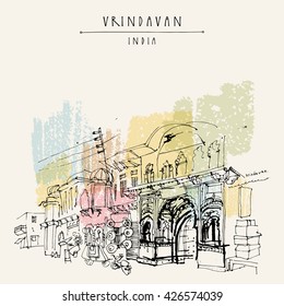 A street in the holy city of Vrindavan, India. Sacred Krishna place. Vintage hand drawn postcard template. Vector illustration