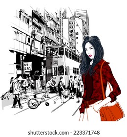 Street in Hong Kong - Vector illustration (all chinese characters are fictitious)
