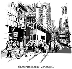 Street in Hong Kong - Vector illustration (all chinese characters are fictitious)