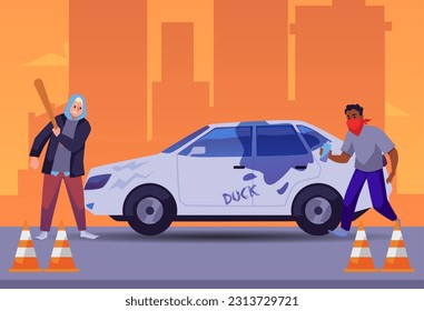 Street hooligans beating car with bat and painting on it, flat vector illustration. Concepts of vandalism and crime. Aggressive teenagers damaging property.