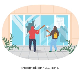 Street hooligans, bullies wearing hoodies damaging store showcase, flat vector illustration. Street vandals, burglars breaking shop window with bat. Vandalism, looting, aggression.