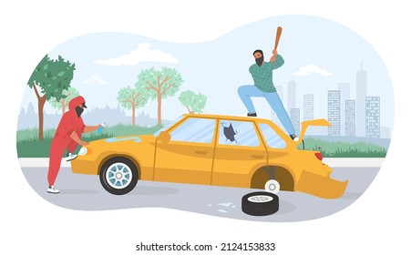 Street Hooligans In Face Mask And Hoodie Damaging Car, Flat Vector Illustration. Street Vandals Breaking Car With Bat And Painting It With Paint Spray. Vandalism, Aggression.