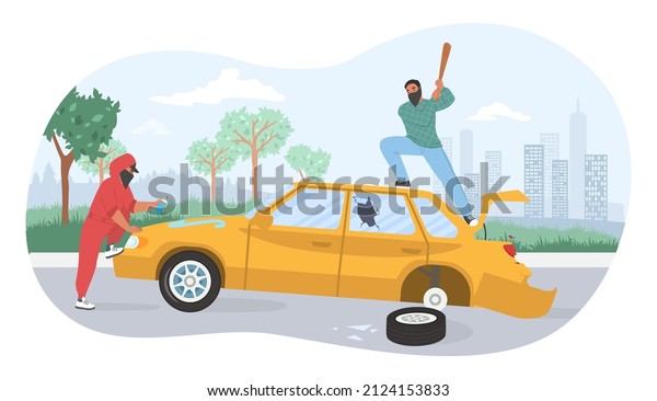 Street hooligans\
in face mask and hoodie damaging car, flat vector illustration.\
Street vandals breaking car with bat and painting it with paint\
spray. Vandalism,\
aggression.